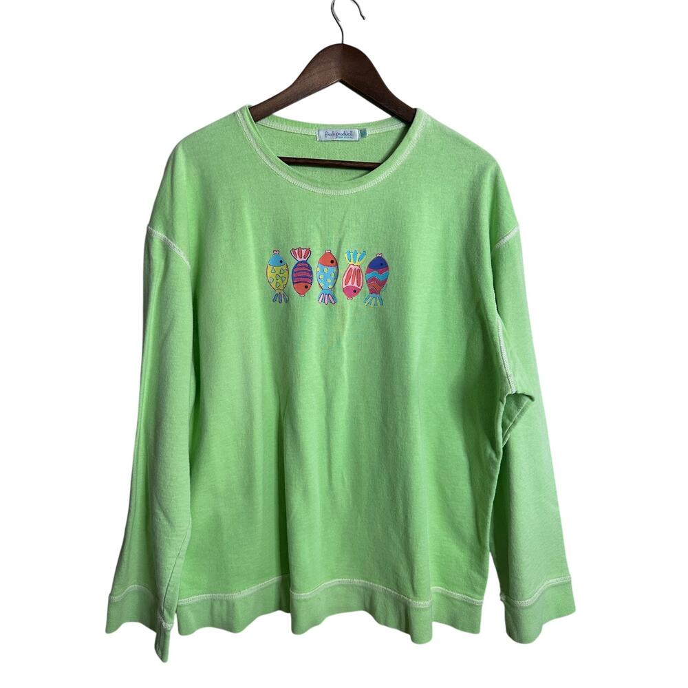 Vintage Fresh Produce Lime Green Fish Print Sweatshirt size XL Made in USA